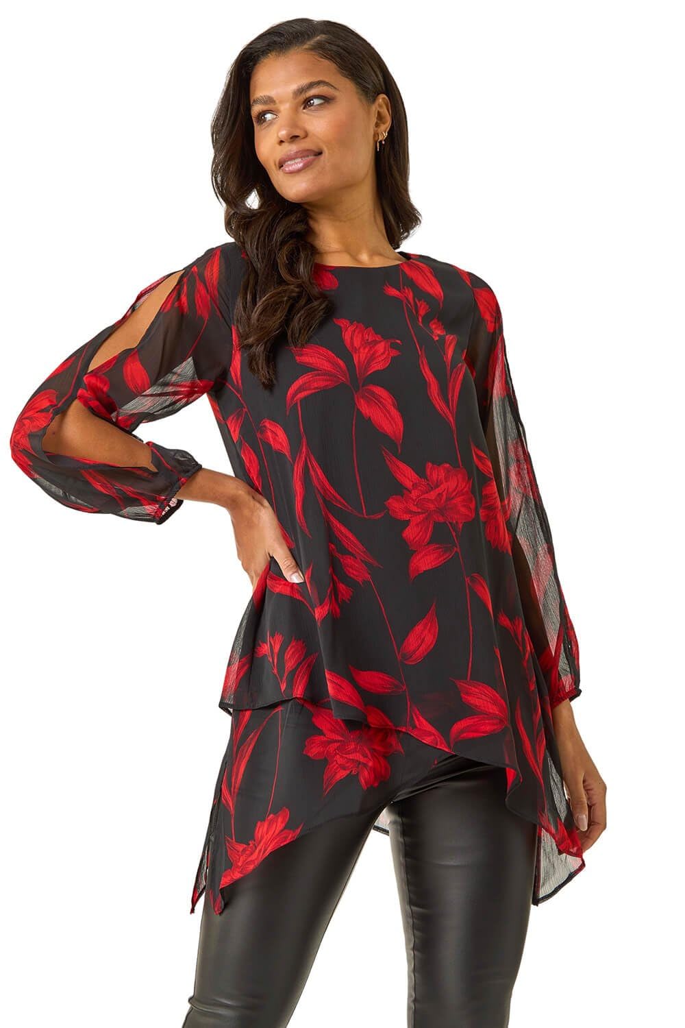 Roman Women's Red Floral Chiffon Laye Tunic Top Size 12