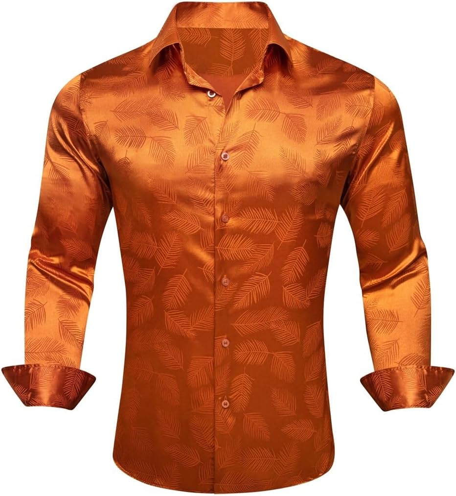 Silk Long Sleeve Gold Flower Slim Fit Male Blouese Casual Tops Formal Breathable