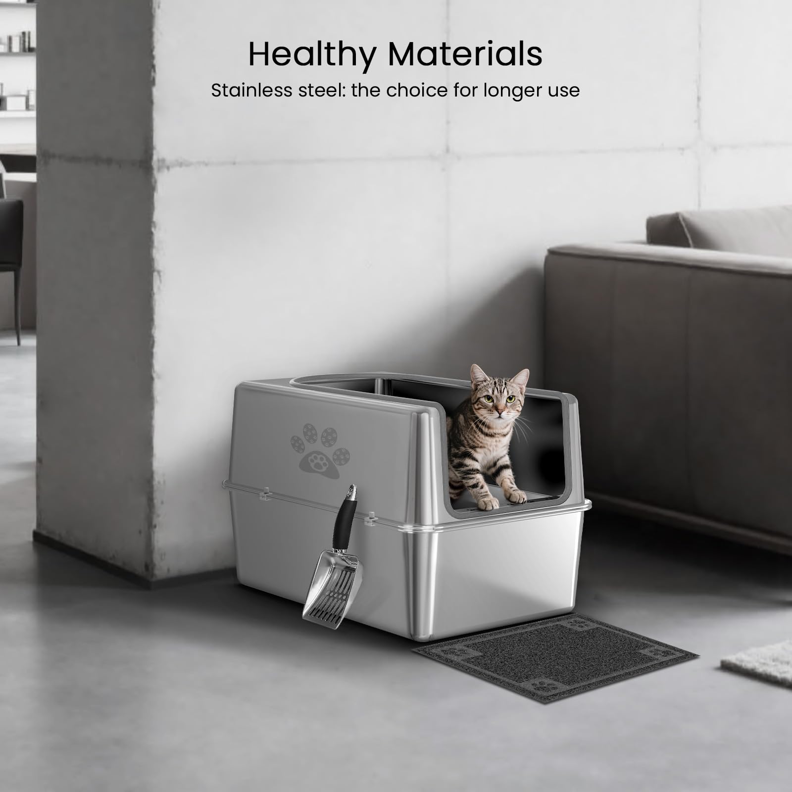 Enclosed Stainless Steel Cat Litter Box with Lid, Metal Litter Box for Big Cats, Extra Large Cat Toilet with High Side, Non-Stick, Anti-Leakage, Odorless, with Cats Litter Mat & Litter Scoop - image 2