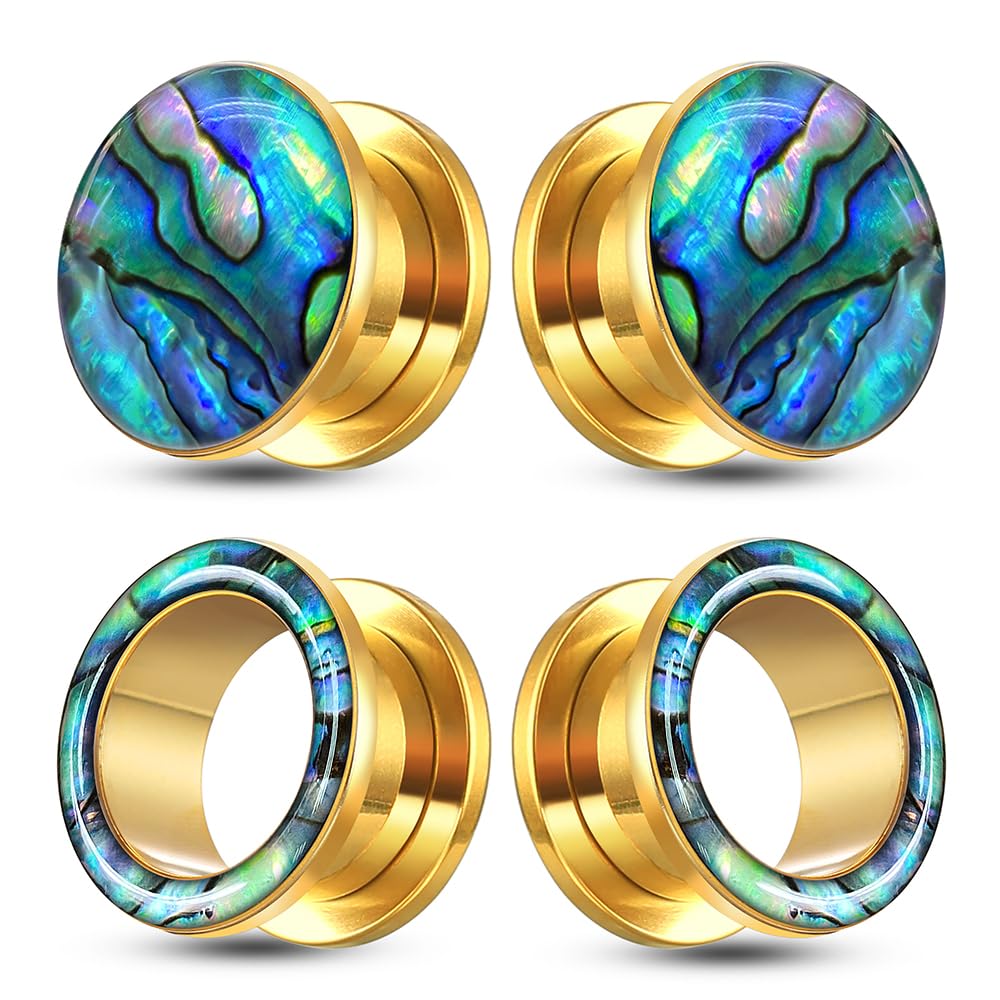 BOKABOO 2 Pairs Abalone Pearl Shell Stainless Steel Ear Gauges Plugs and Tunnels, Size 2g - 1 inch Hypoallergenic Surgical Steel Ear Stretcher
