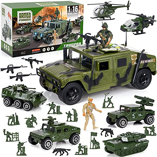 23 Piezas Vehículos Militares de Juguete, Camion Transporte Coches con Sirenas de Luz y Sonido, Juguete Aleación...