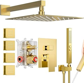 Shower System Brushed Gold Shower Faucets Sets, Bostingner 10" Rain Shower Head with 2 In 1 Handheld Spray and 4 Body Jets, Wall Mounted All Metal 3 Way Shower Set with Rough-in Valve and Trim Kit