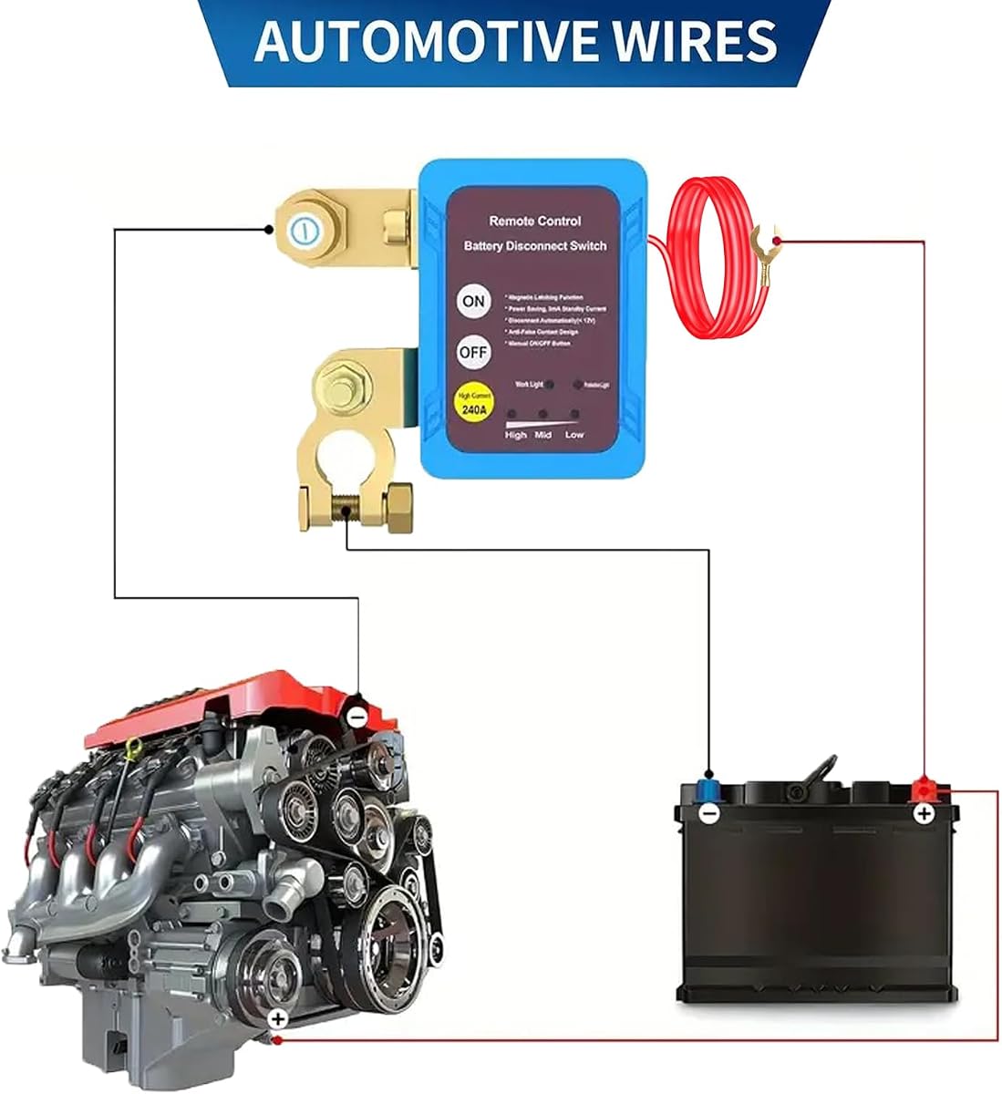 AULESSE Car Battery Disconnector, 12V 240A Short Current Car Battery, Remote Battery Disconnect Switch with 2 Remote Control, — view 4