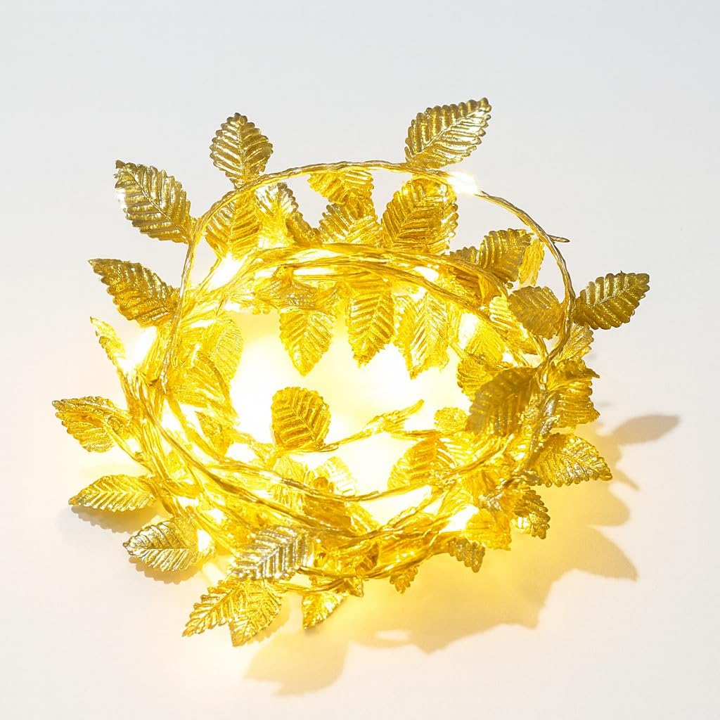 GEN:ZAI Gold Leaf Fairy Lights 2M Battery Operated Warm White LED Garland 20 LED String Lights for Home Décor Trees Mantels Tables