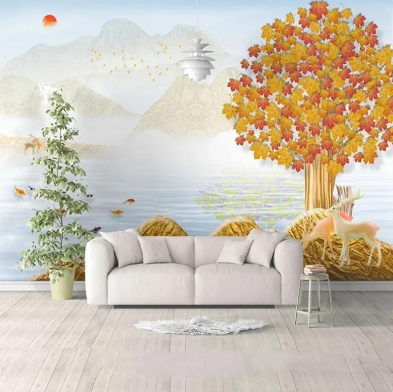 Papier peint paysage d'arbre doré relief 3D pour masquer un mur vide