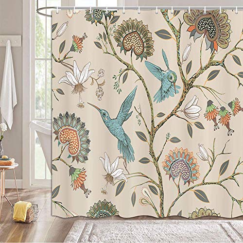 GOOESING Khaki Floral Pattern Shower Curtain, Modern Bohemian Style Flower Blue Birds Print Bathroom Shower Curtain