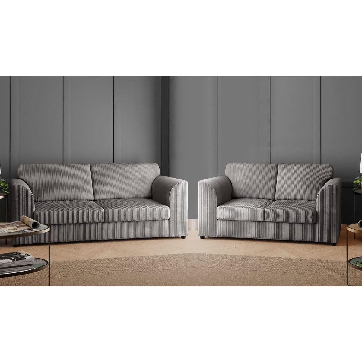 Sofa Select, Set di divani jumbo di alta qualità a coste 3+2 posti, con cuscini, schienale alto e braccioli comodi, design moderno ed elegante, per soggiorno, ufficio, camera da letto, colore argento