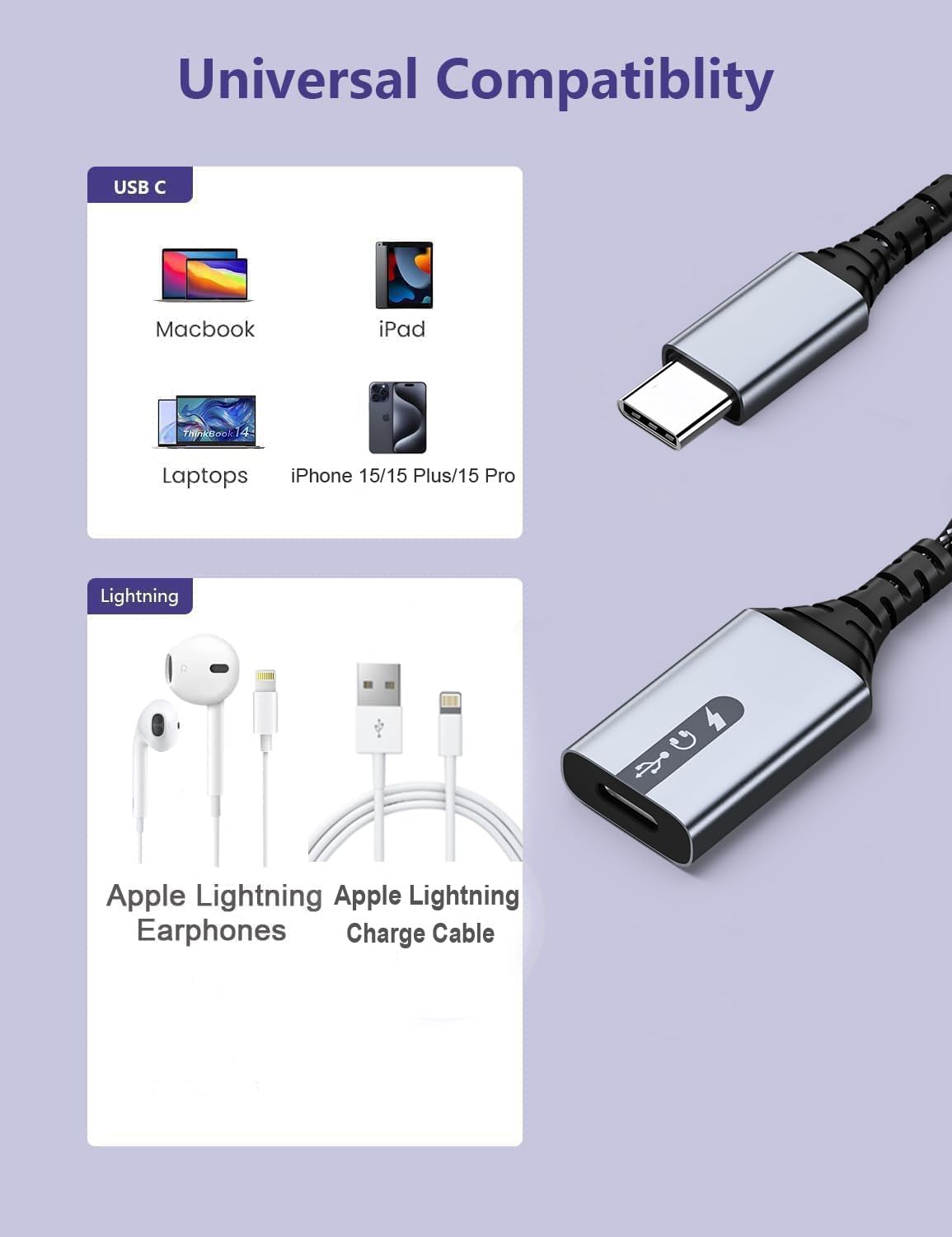 USB C to Lightning Audio and Charge Adapter Cable USB Type C Male to Lightning Female HiFi Audio Headphones 60W Fast Charge & Data Fit with iPhone 16 15, iPad Pro/Air, MacBook, Galaxy S23, Pixel 7 6
