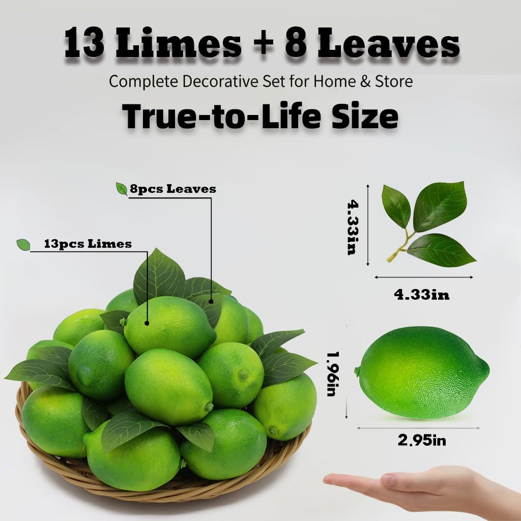13Pcs Fake Lemons Lime Lifelike Plastic Lemon Decorations Artificial Limes with 8 Lime Leaves Fake Green Lemon Faux Fruit for Home Kitchen Table Bowls Vase Fillers Photography Prop(Green)