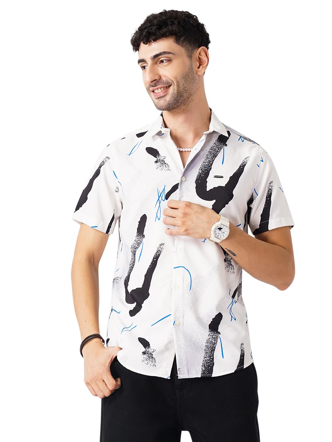Men Cotton Slim Fit Abstract Printed Half Sleeves Spread Collar Resort Wear Shirt-image-16