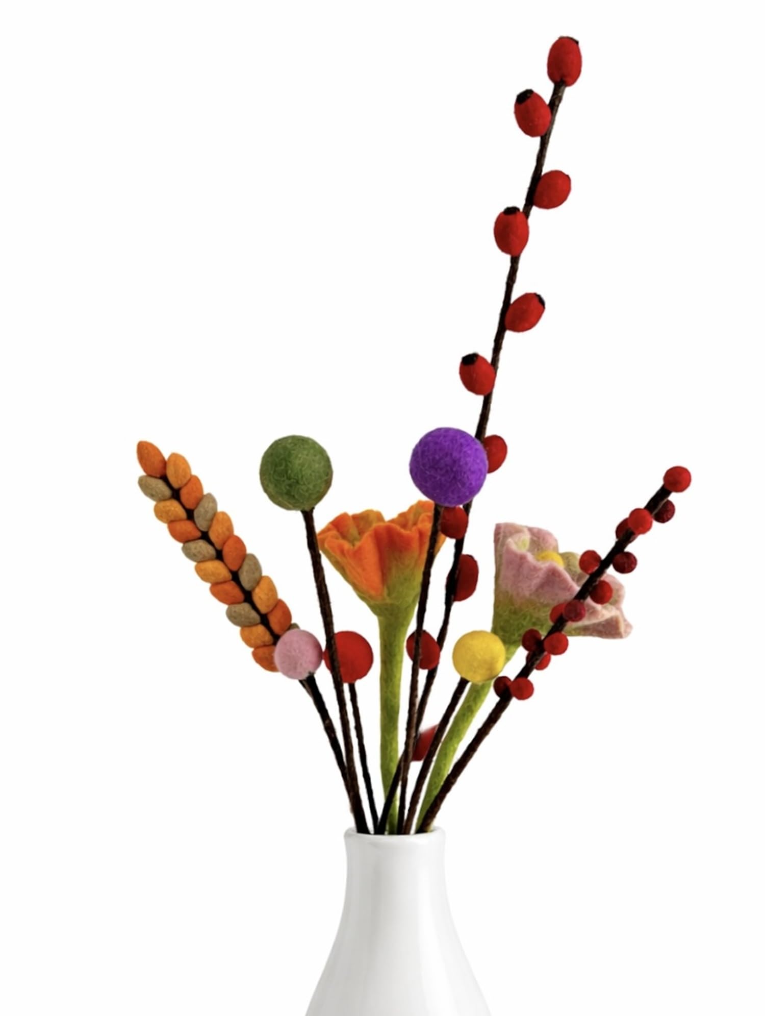 Filzblumen-Mix mit Hagebutte, Kugelblumen und Zweigen aus Filz (10 Stück) - Filzblumen (Blumenmix-KM003)