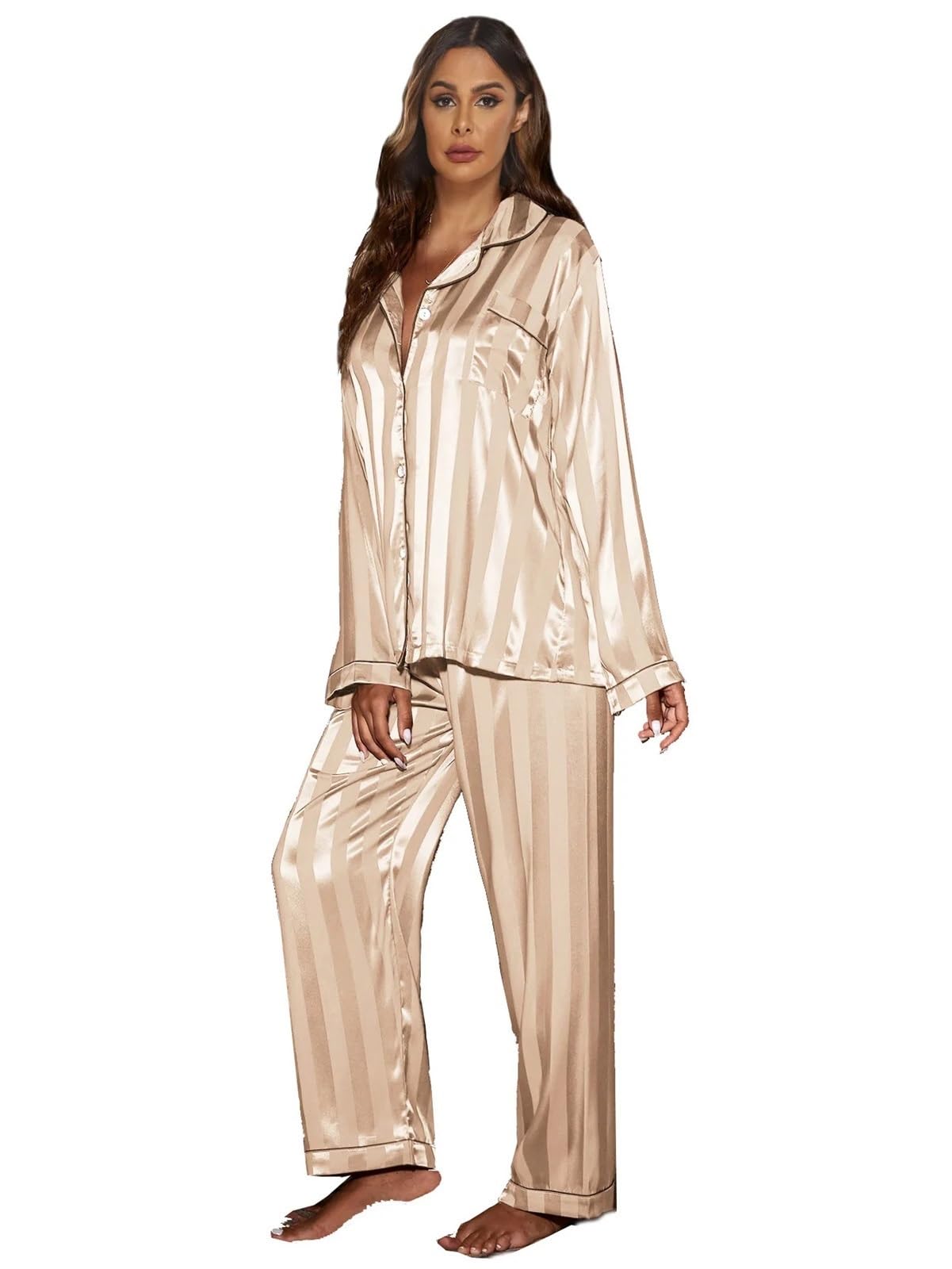 Ygsgjsp Women's Champagne Satin Pyjama Set Stripe Long Sleeve Trouser Pijamas Suit 2Pcs Pajamas Set Sleepwear Spring Summer Satin Nightwear Loose Homewear Loungewear(,M)