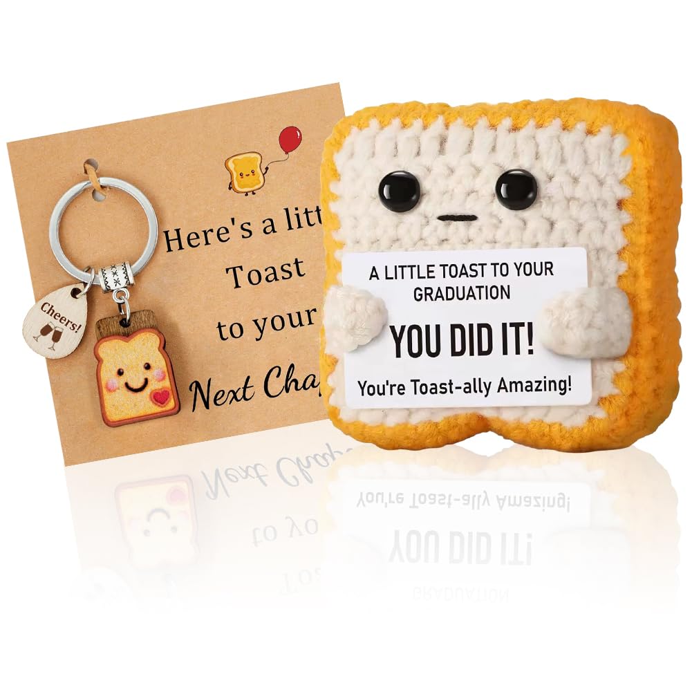 WFKKMEQ Graduation Gifts, Toasts Keyring Positive Crochet Toast Emotional Support Gift Toasts Pendant with Greeting Card Pocket Hug Toast Party Decoration Congratulations Gifts