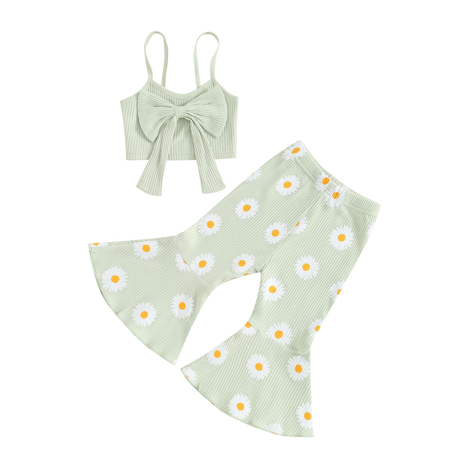 Kupretty Baby Girl Summer Cothes Toddler Bell-bottom Outfits Sleeveless Bow Cami Crop Tops + Daisy Flare Pants Set (Green, 18-24 Months)
