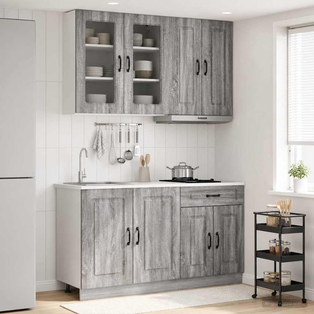 Kalmar - Comodino da cucina, 4 pezzi, grigio Sonoma, in legno sonoma, con base, pensile, mobili da dispensa, cassetto estraibile, piedini regolabili, fissaggio a parete, adatto per riporre