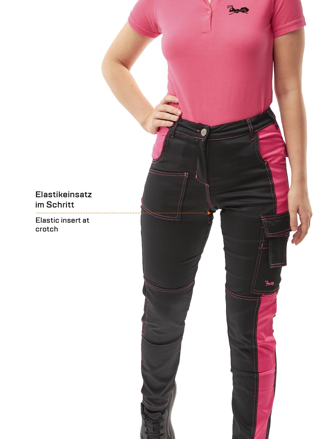 strongAnt Damen Arbeitshose komplett Stretch für Frauen Bundhose mit Kniepolstertaschen - Schwarz-Pink. Größe: 54