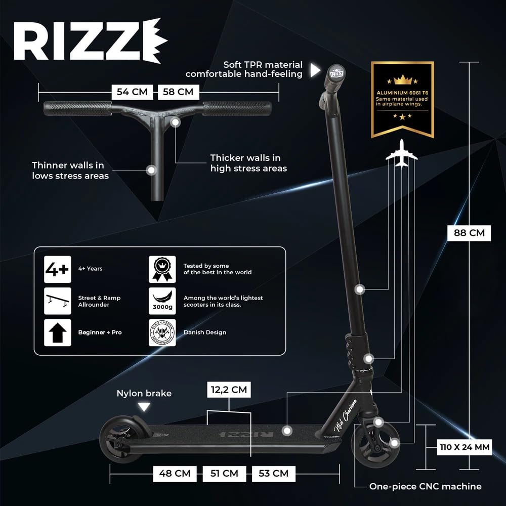 NKD Stunt Scooter Rizz | cuscinetti ABEC-9 ad alte prestazioni | manubrio a 360° per freestyle | lega di alluminio 6061 robusta