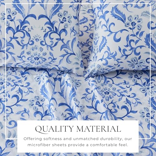 Image of Great Bay Home Queen Size Floral Microfiber Sheet Set - 4-Piece Ultra-Soft, Brushed Bedding Sheets & Pillowcases - Wrinkle Free, Comfortable, All-Season Bed Sheets (Watercolor Flowers - Blue)