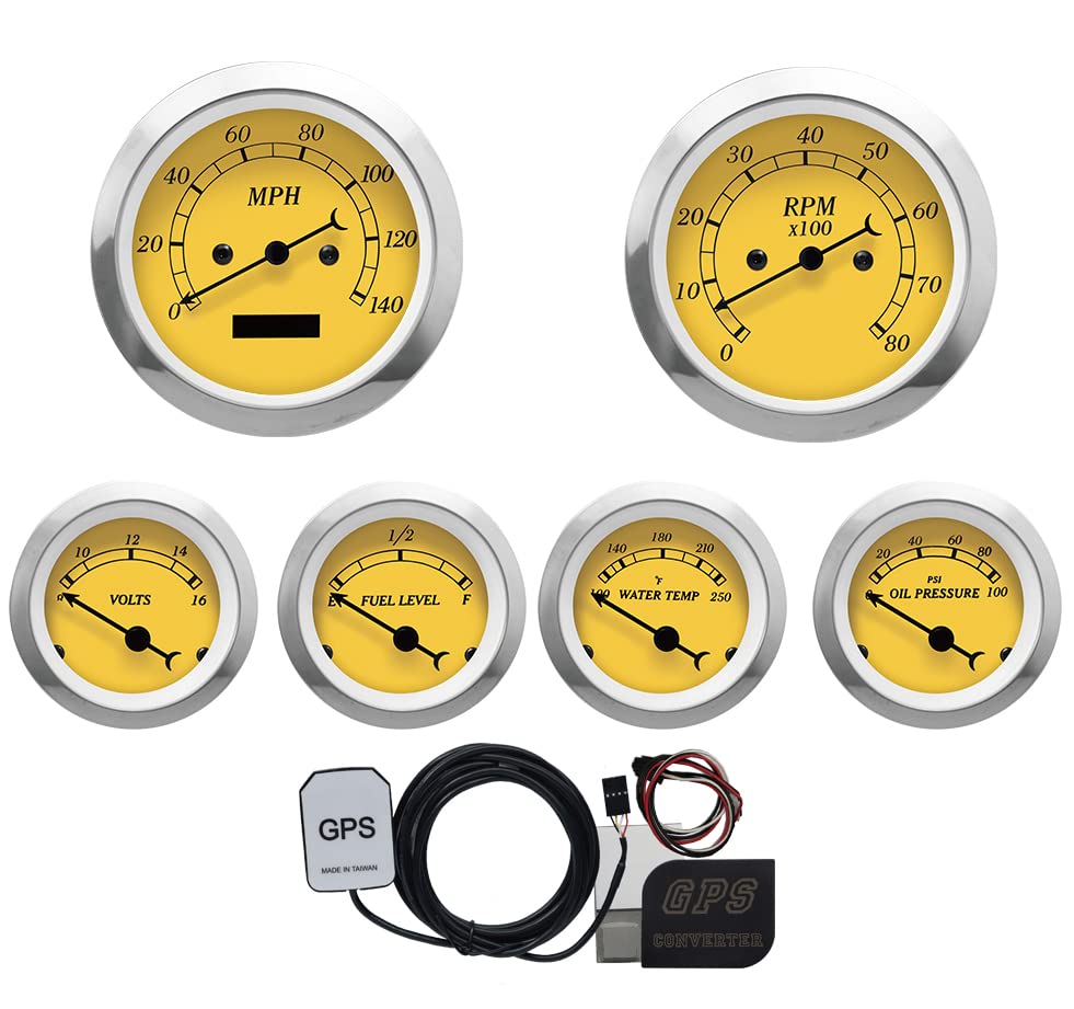 MOTOR METER RACING Classic 6 Gauge Set with GPS Electrical Speedometer Digital Odometer Yellow Dial Black Needle White LED Illumination 85mm 3-3/8" & 52mm 2-1/16"