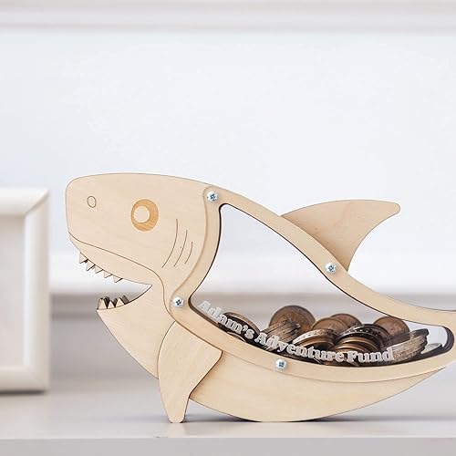 Miniatura 7 de Shark Piggy Bank for Money, Coins and Tips Saving - Personalized Wooden Gift for Kids and Adults