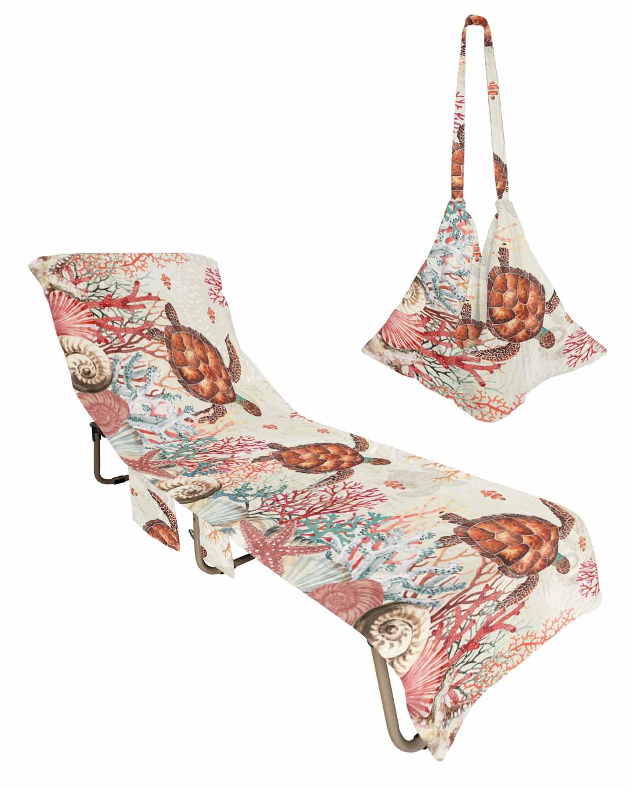 Red Sea Turtle Beach Lounge Chair Towel Cover, Soft Chaise Lounge Towel with Side Pockets Patio Pool Chairs Cover for Beach/Pool Sunbathing 29x85 Coastal Nautical Summer Beach Coral