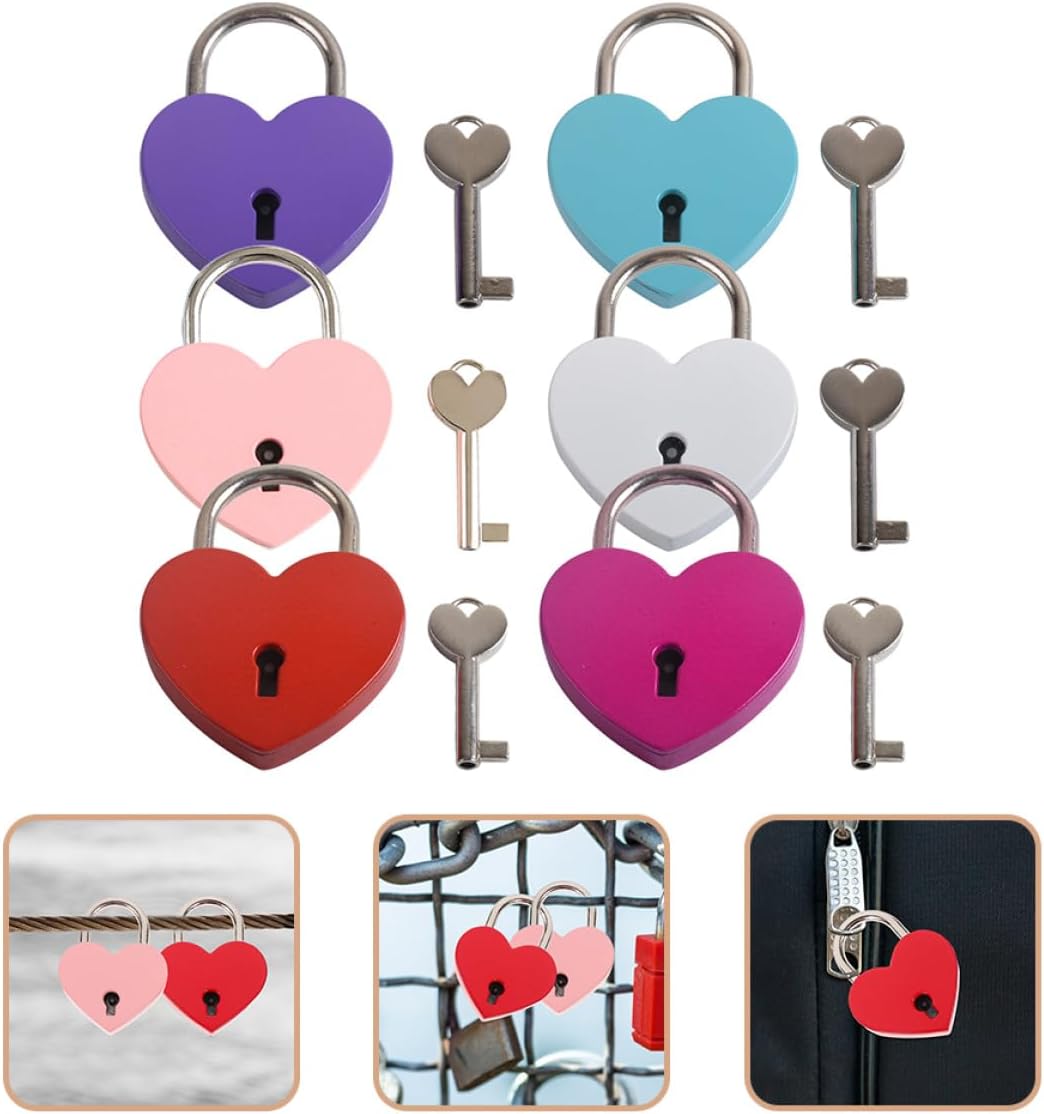 6Pcs Mini Heart Metal Padlocks with Keys for Luggage, Jewelry Box, and Diary – Small Couples Locks in Pink, Purple, Blue, Fuchsia, Red, and Silver