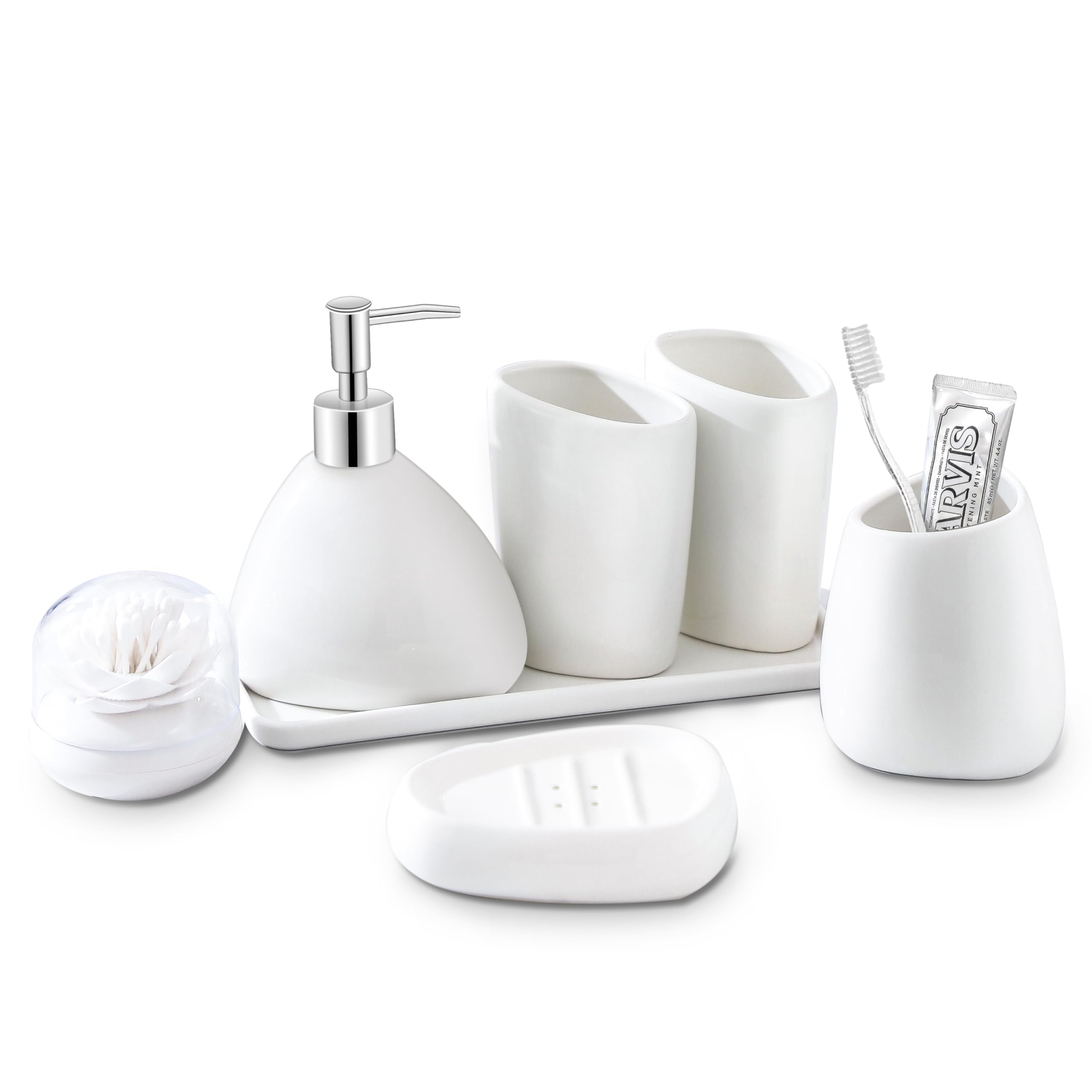Keramik-Badezimmer-Zubehör-Set, 7-teiliges Arbeitsplattenzubehör, inklusive Seifenspender, Zahnbürstenhalter, 2 Becherbecher, Seifenschale, Kunststoff-Schminktablett, Qtip Halter (weiß)