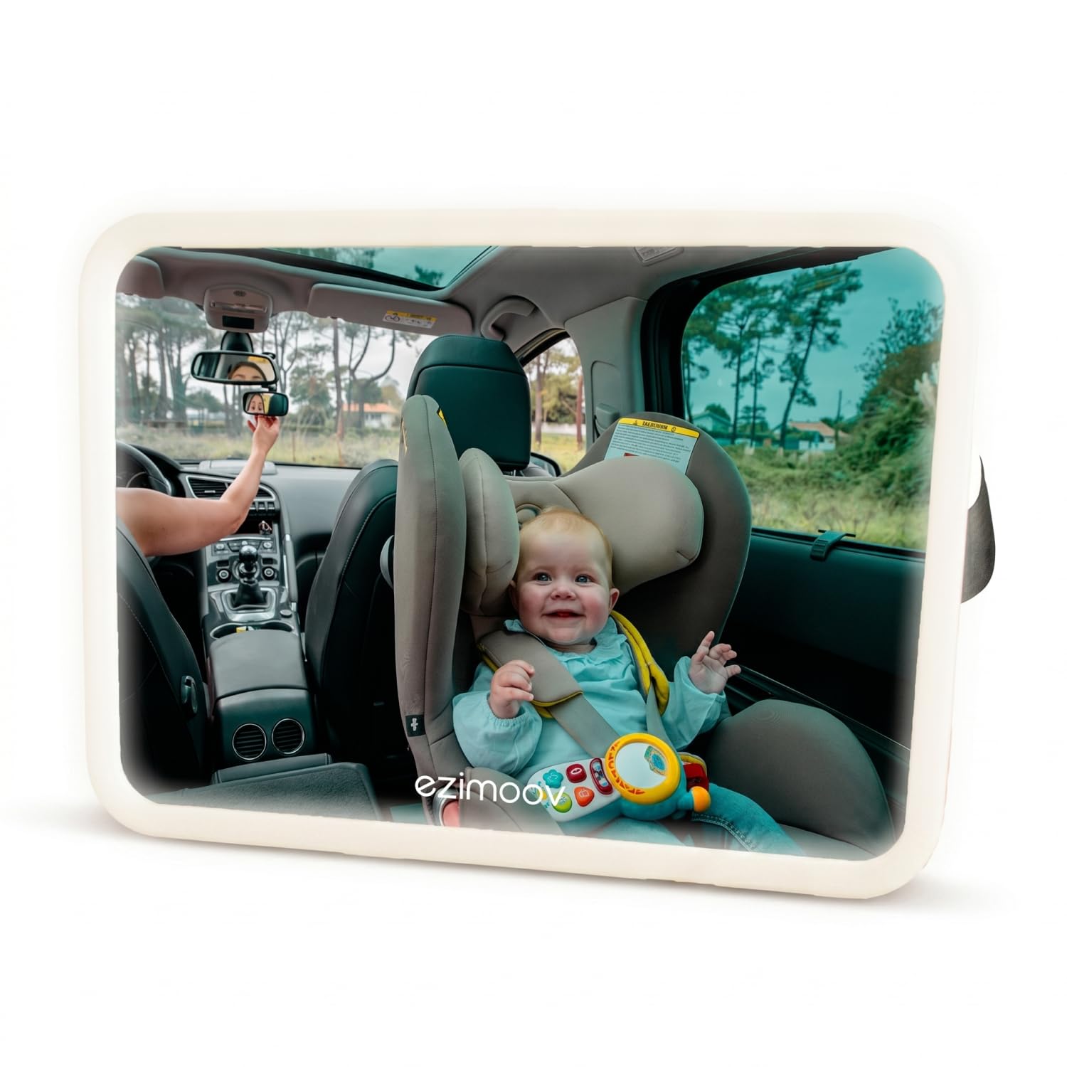 Espejo Coche Bebé con LED Pro - Espejo retrovisor para Coche Bebé Extra Grande | 75 LED Luz Suave No Deslumbrante | Base Giratoria | Control Remoto | Instalación Fácil | Universal