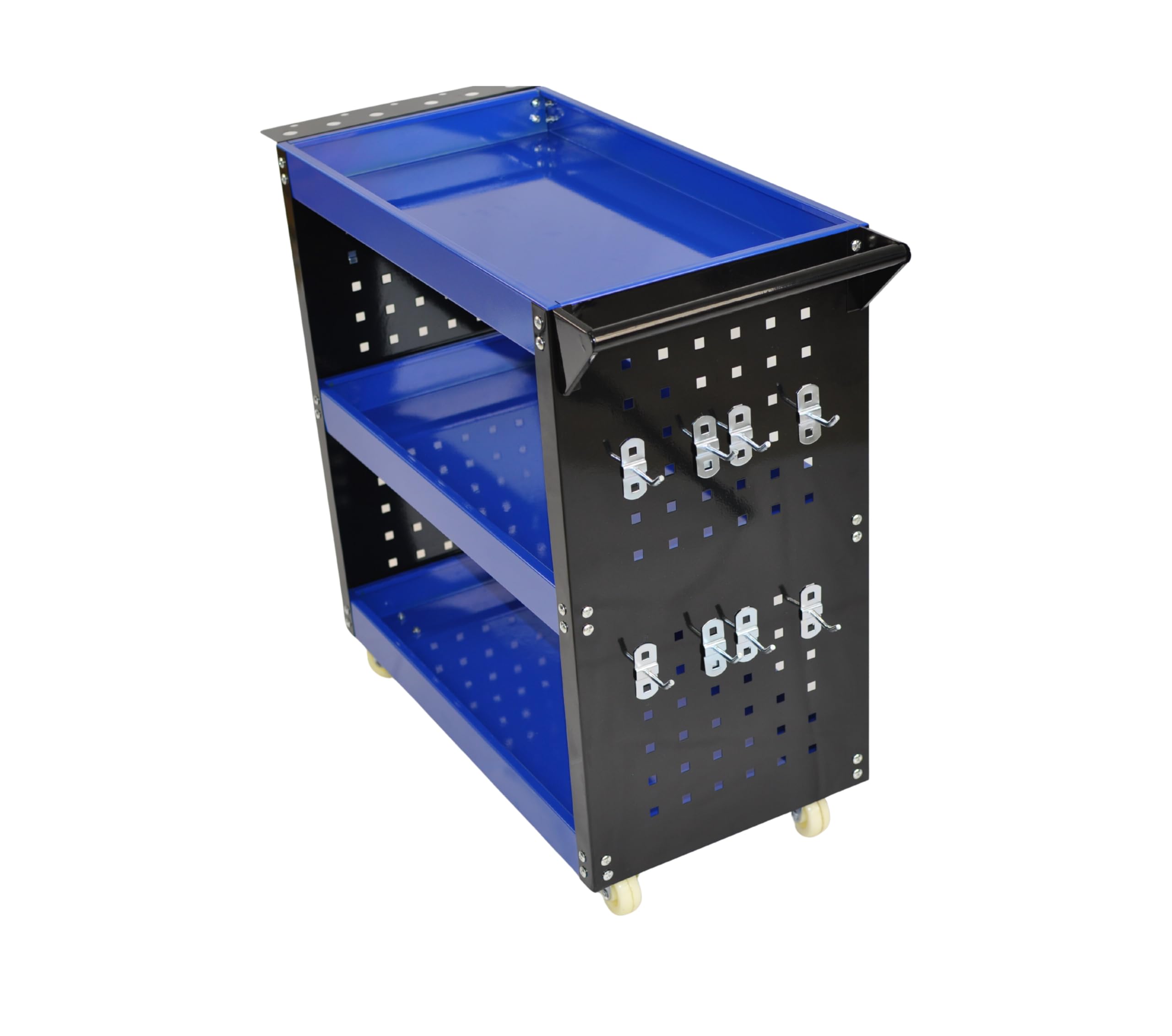 Carro de Taller Profesional 3 Baldas con Paneles Laterales y Ganchos – Azul/Negro – 700×350×760 mm – Carro Herramientas con Ruedas Maniobrable