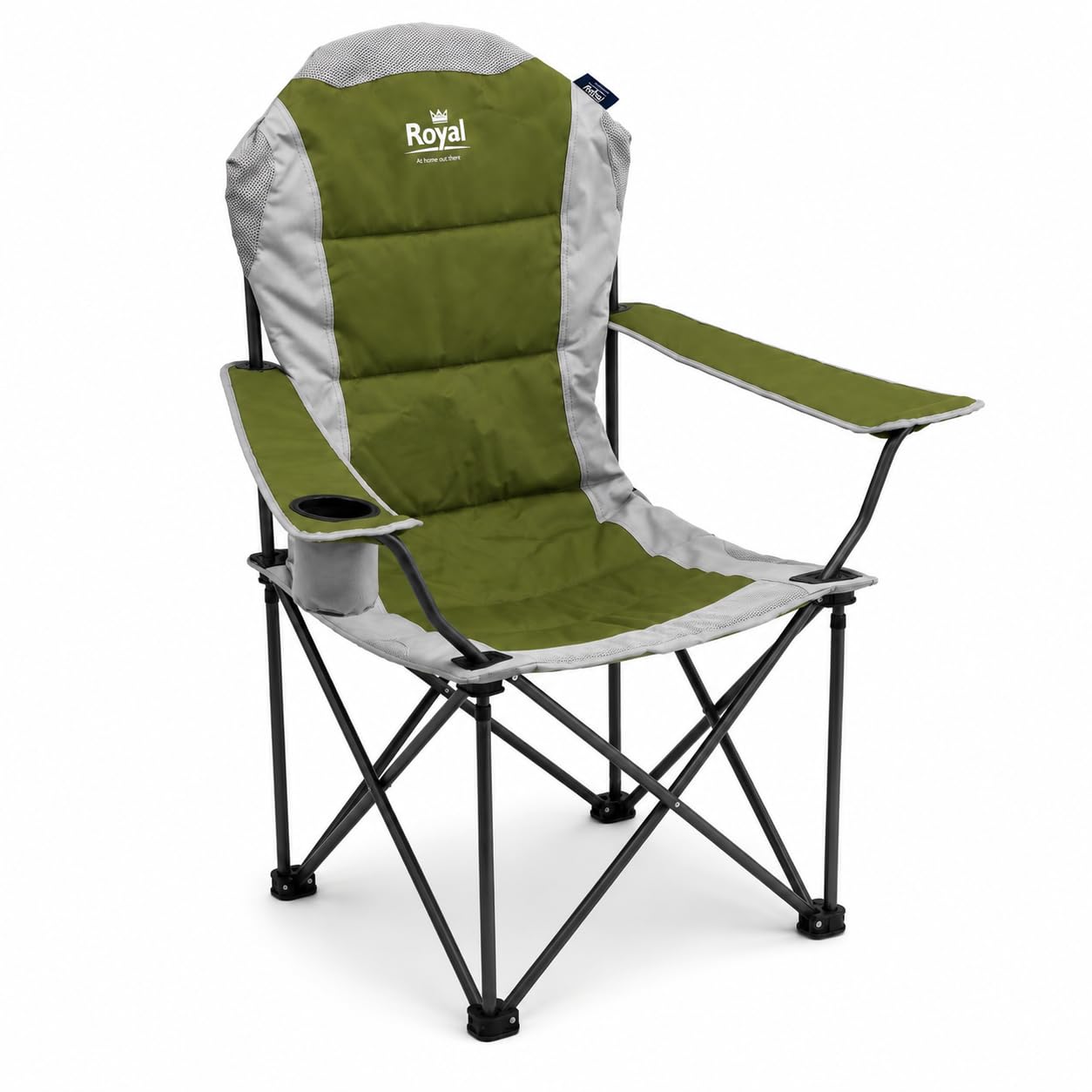 Royal Leisure Steel Camping Chair Green Foldaway Padded Seat with Insulated Cup Holder