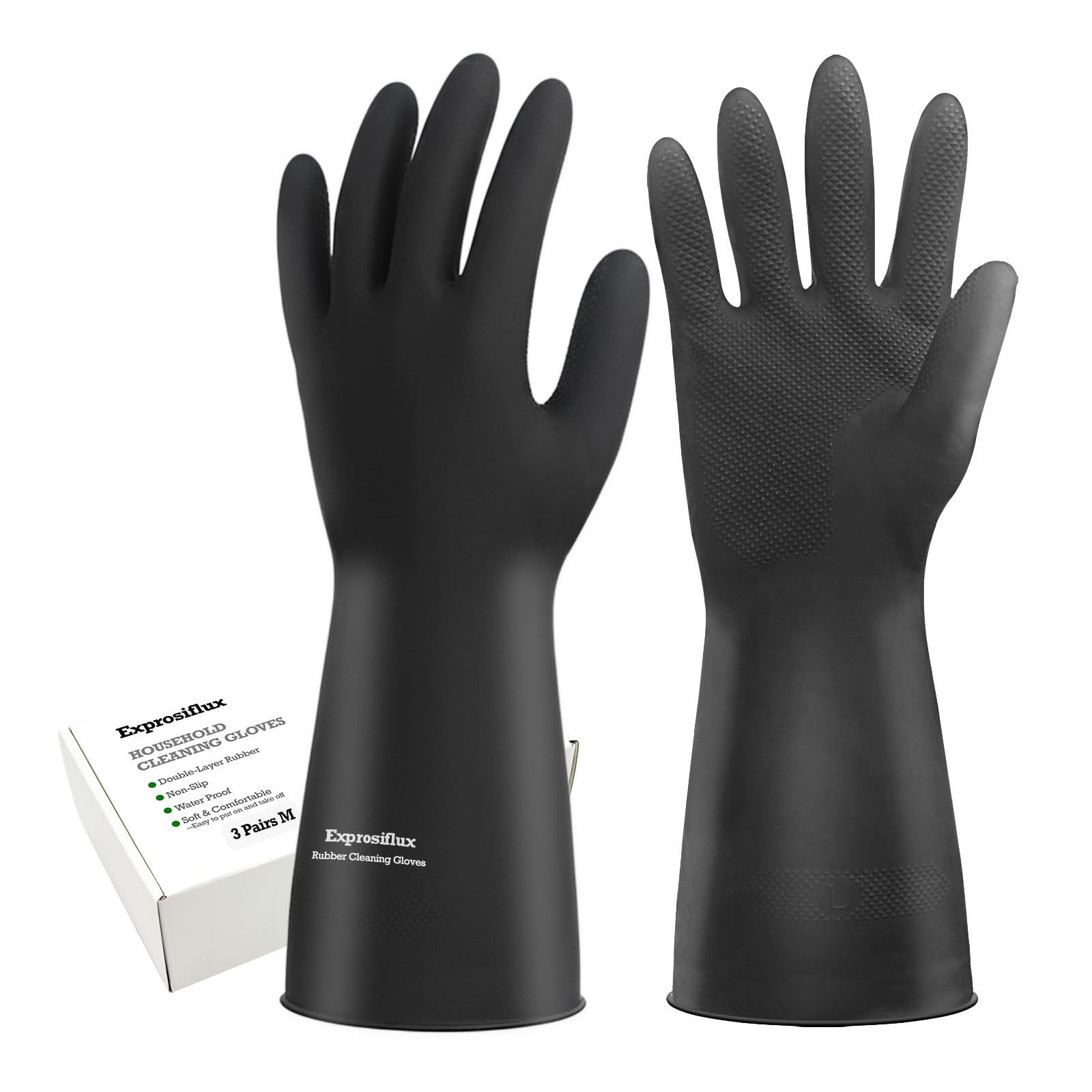Exprosiflux Thick Rubber Cleaning Gloves - 3 Pairs Black Rubber Gloves for Dishwashing Medium, Non-Slip Kitchen Gloves for Washing Dishes, Reusable