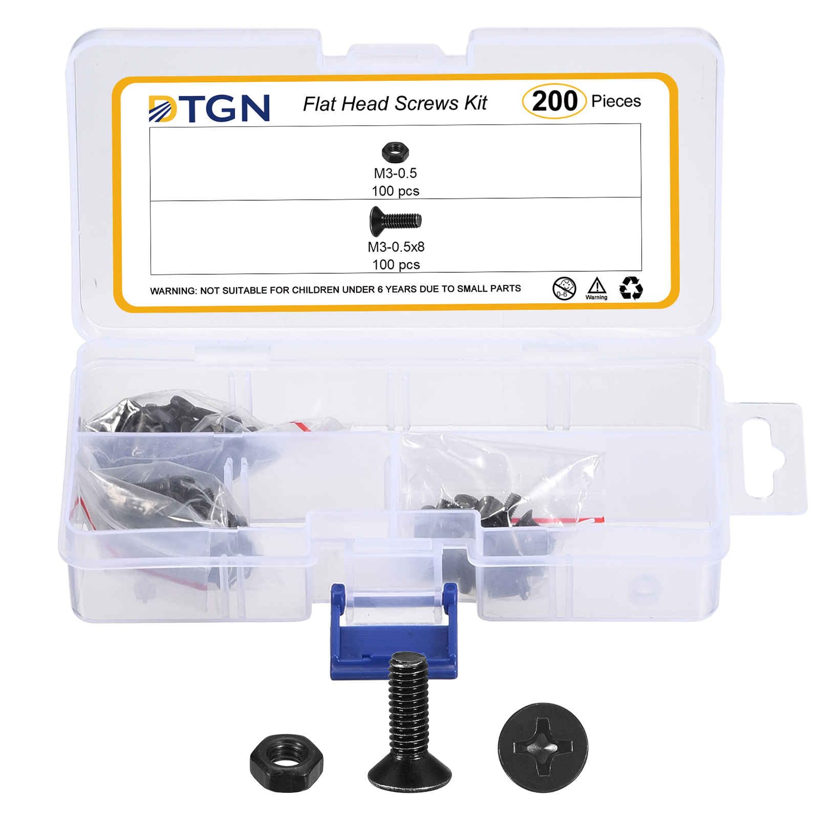 DTGN M3-0.5x8 Phillips Countersunk Bolts Kit W/Hex Nuts Black 200pcs โ image 1