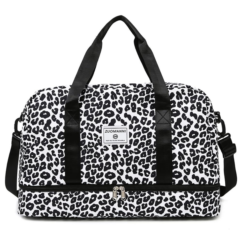 Sac de Sport Femme Grand, 42.43L, avec Compartiment Chaussures & Poche Humide, Sac de Voyage Léopard Bagage à Main Léger, Sacs de Sport Imperméable Femme pour Yoga/Weekend/Gym/Voyage, Noir