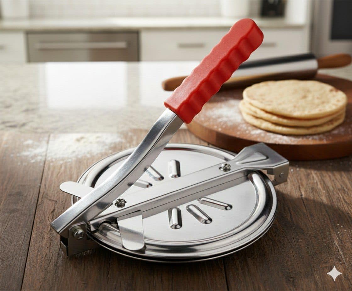 Stainless Steel Roti Press Machine with Red Handle | Heavy‑Duty Tortilla & Chapati Maker for Kitchen | Easy Dough Flattening Tool for Perfect Round Rotis-image-47