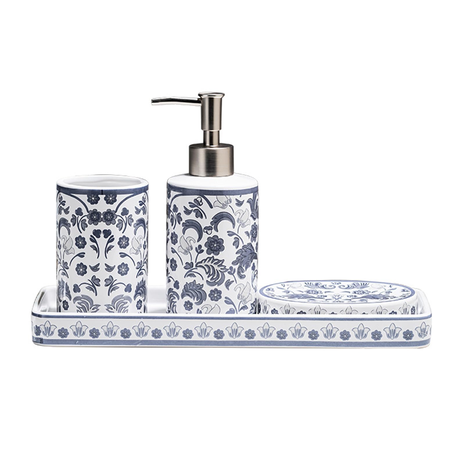 Lot De 4 Accessoires De Salle De Bain en Céramique, Distributeur De Lotion, Porte-Brosse À Dents, Boîte À Savon en Céramique avec Plateau, Décoration De Bain Moderne (A)