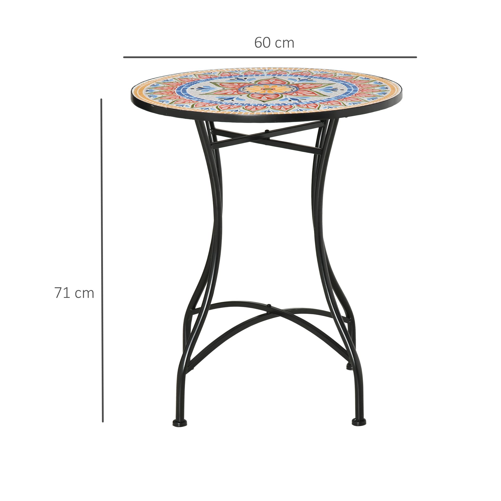 Outsunny Stół ogrodowy, mozaika, okrągły, stolik bistro, stolik pomocniczy z płytą mozaikową, ceramika, metal czerwony + niebieski + biały, Ø 60 cm