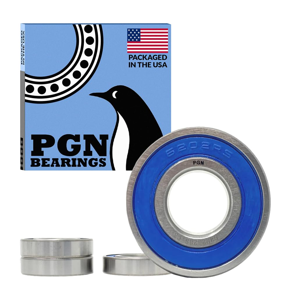 PGN (4 Pack) 6202-2RS Bearing - Lubricated Chrome Steel Sealed Ball Bearing - 15x35x11mm Bearings with Rubber Seal & High RPM Support