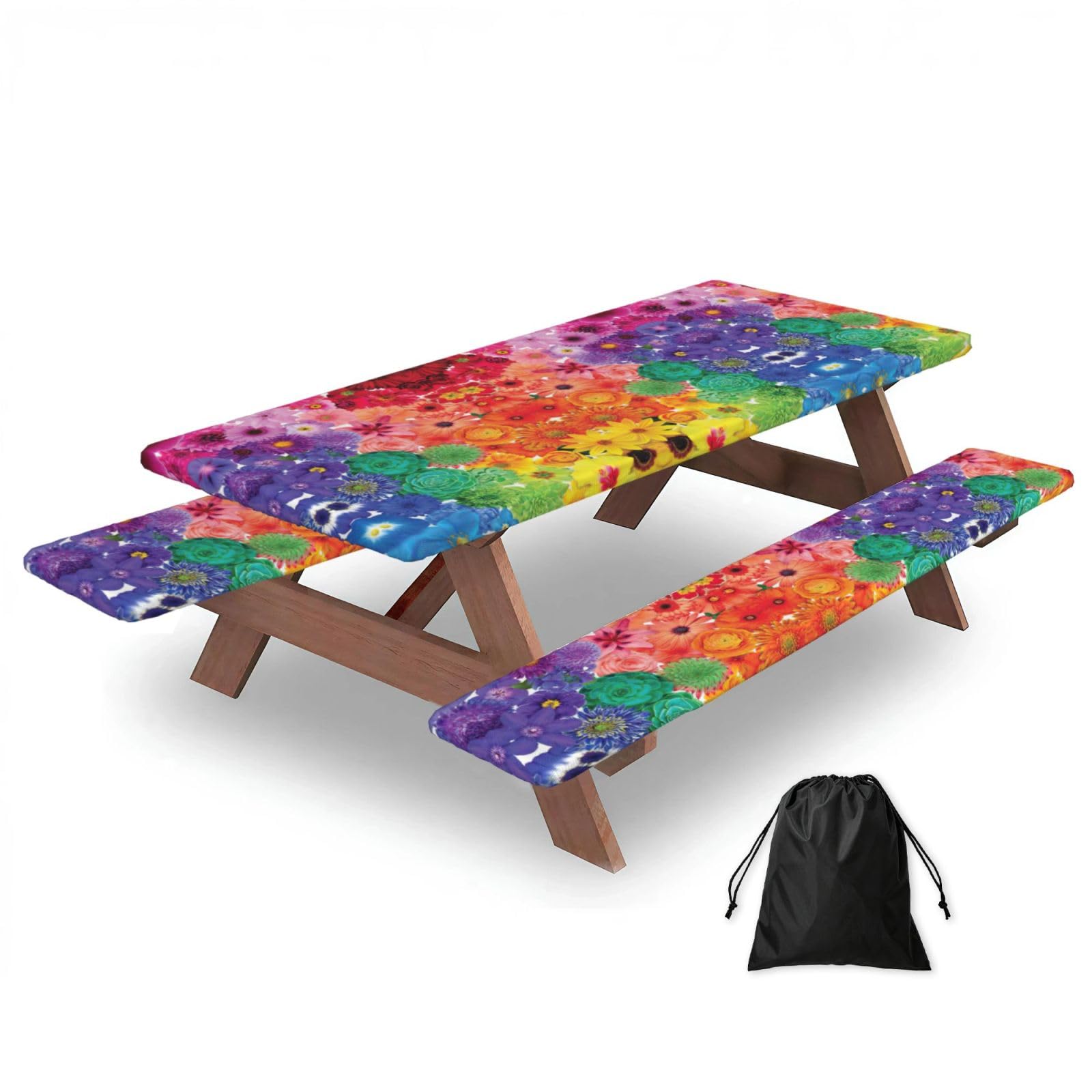 Zyjhyy Black Rainbow Flowers Print 3 Pack Wipeable Picnic Bench Cover And Table Cover Lightweight Table Cloth For Camping Outdoor