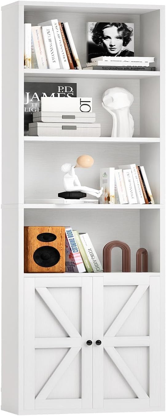 oneinmil Librería Blanca con 2 Puertas de Madera, estantería Alta con 6 Niveles, Armario de Cocina, estantería de pie, para salón, Dormitorio, Oficina, Estudio
