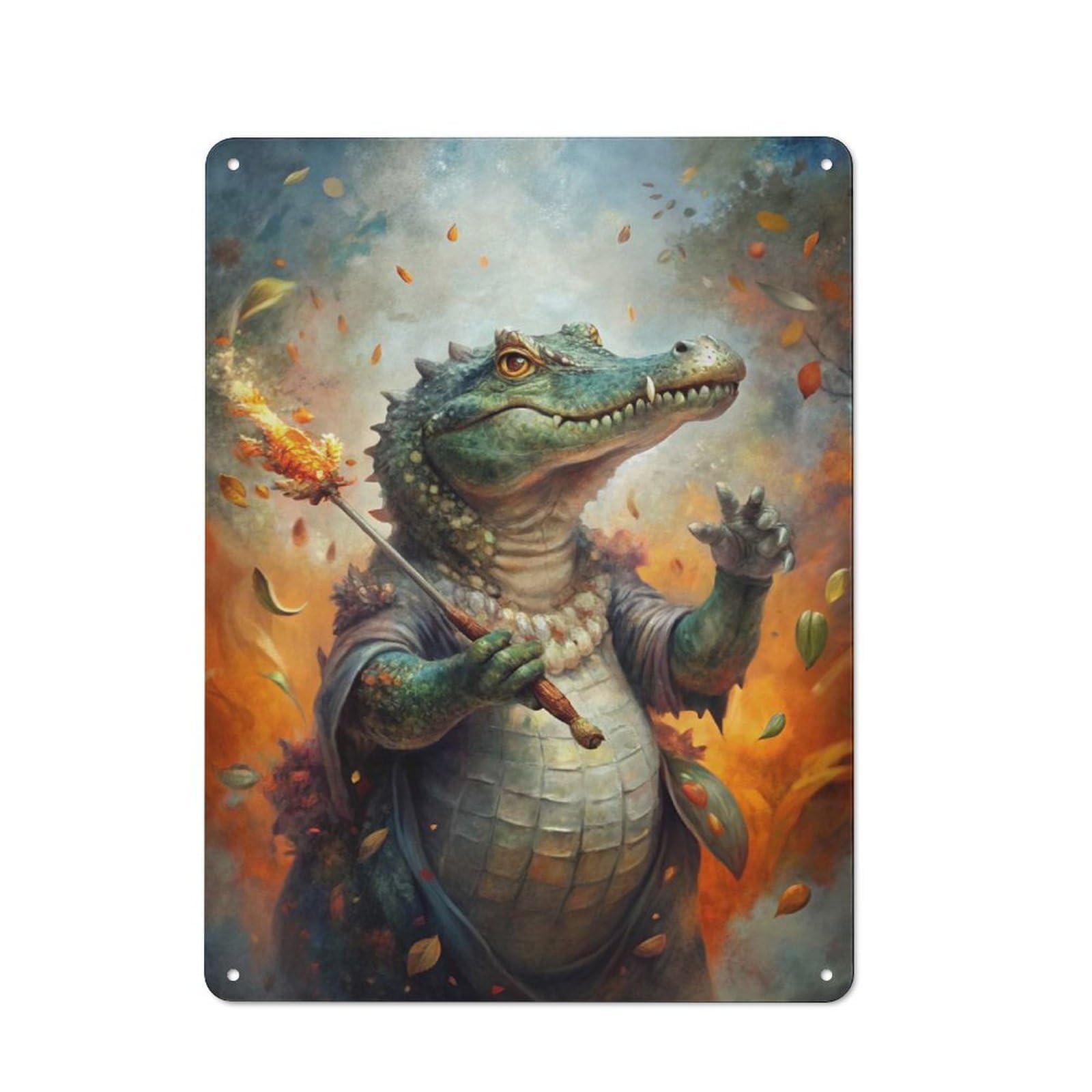 Junmoney Style-8 Tin Wall Plaque 40X30cm With Alligator Wizard With Fire Staff For Hobby Room Or Studio, For Kitchen, Dining Room And Home Bar Wall Decor
