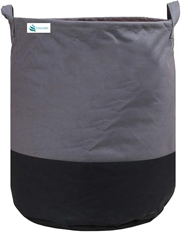 HOME CODIFY INDIA Round Non Woven Fabric Foldable Laundry Basket, Toy Storage Basket, Cloth Storage Basket With Handles,45L (Grey &amp; Black)