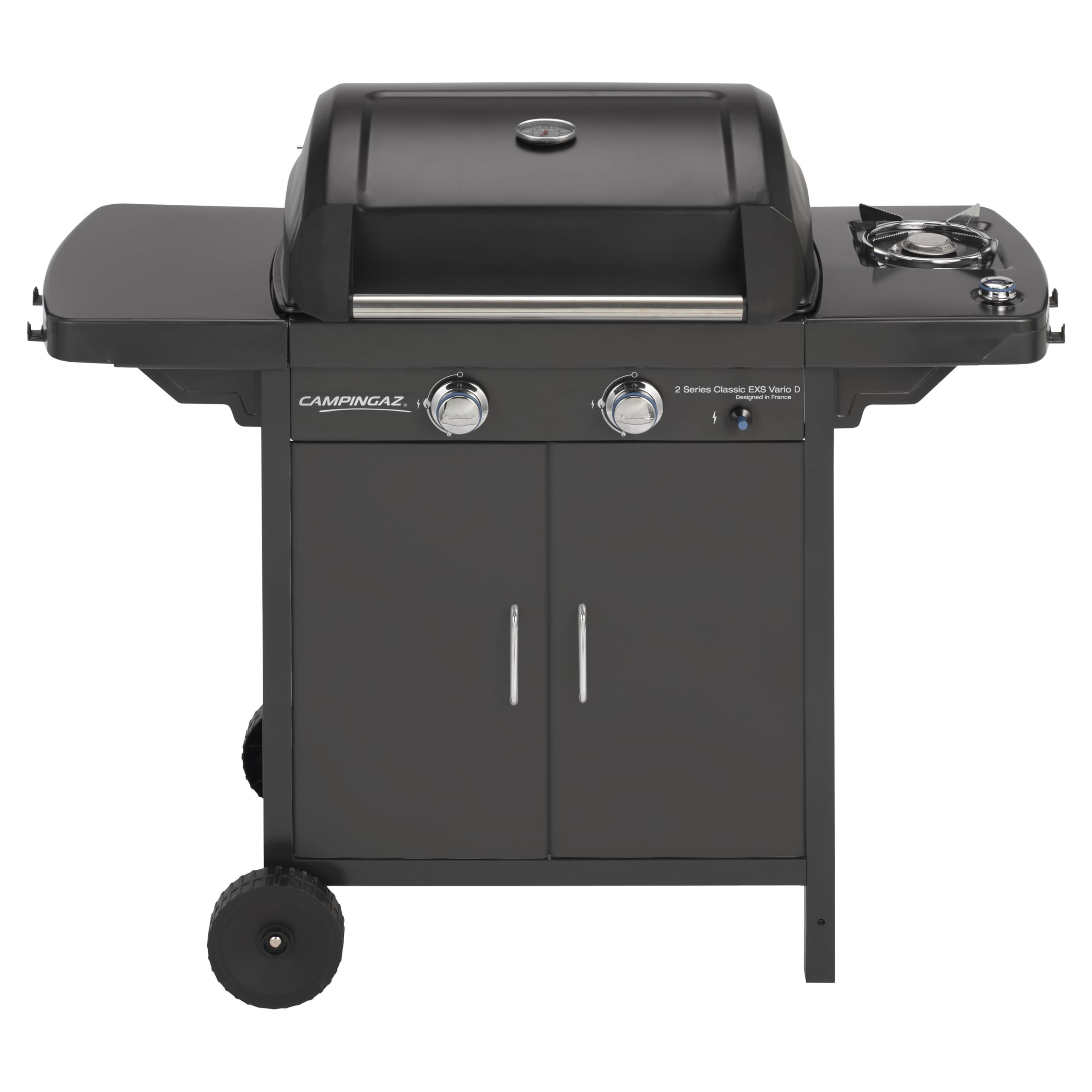 Campingaz 2 Series Classic EXS Vario Barbecue à gaz avec 2 brûleurs, 7,5 KW de Puissance, Grill et Plaque en Fonte, 1 Table latérale, 10 litres, Noir/Gris