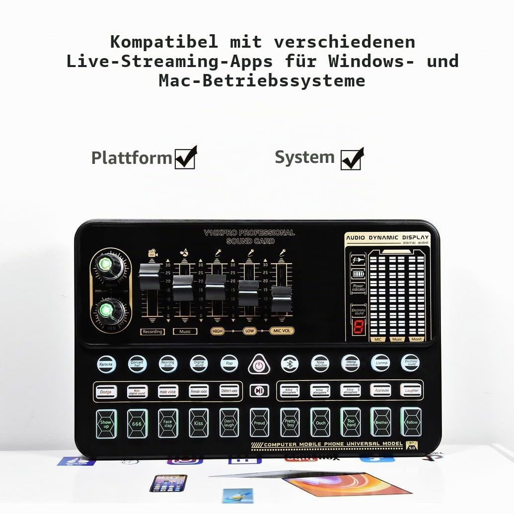 V10 Sound Card Set mit M800 Kondensatormikrofon – Professionelles Live Streaming, Karaoke & Podcasting Set, Dual Mikrofone, Bluetooth, LED Anzeige, für TikTok, YouTube und PC