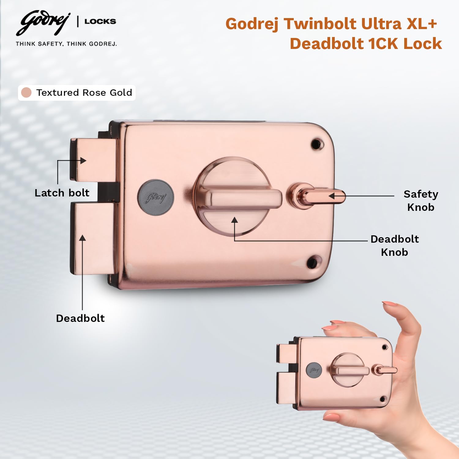 Godrej Rim Lock I Twinbolt Ultra XL+ | 1CK Deadbolt I for Inside Opening Wooden Door | Left/Right Handed Doors I 4 Keys I 5-Year Warranty I Manual Locking l Rose Gold Finish 1