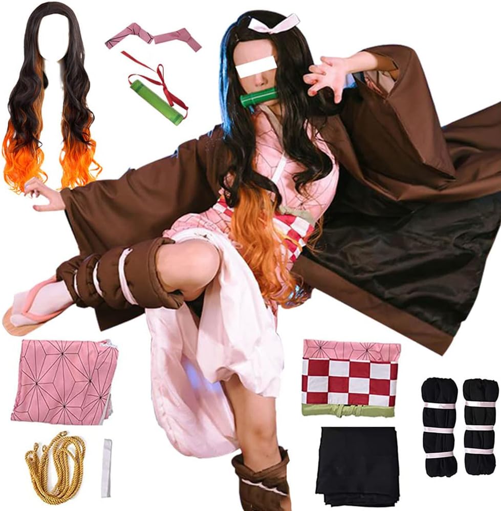 Kamado Cosplay Costume Outfit Kimono with Hairwear and Bamboo