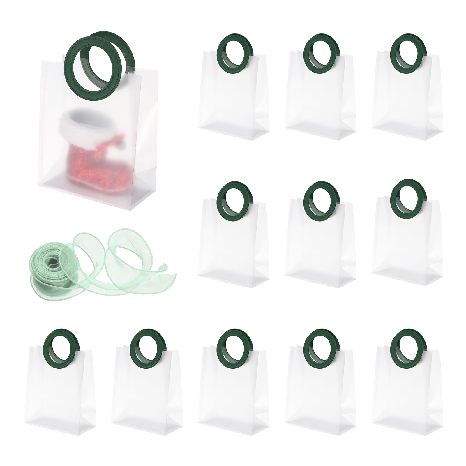 PATIKIL Clear Reusable Gift Bags with Handle and Ribbon (21x17.5x9cm), 12Pcs Plastic Goodie Candy Treats Totes Bags for Wedding Birthday Festival Celebration Party, Green