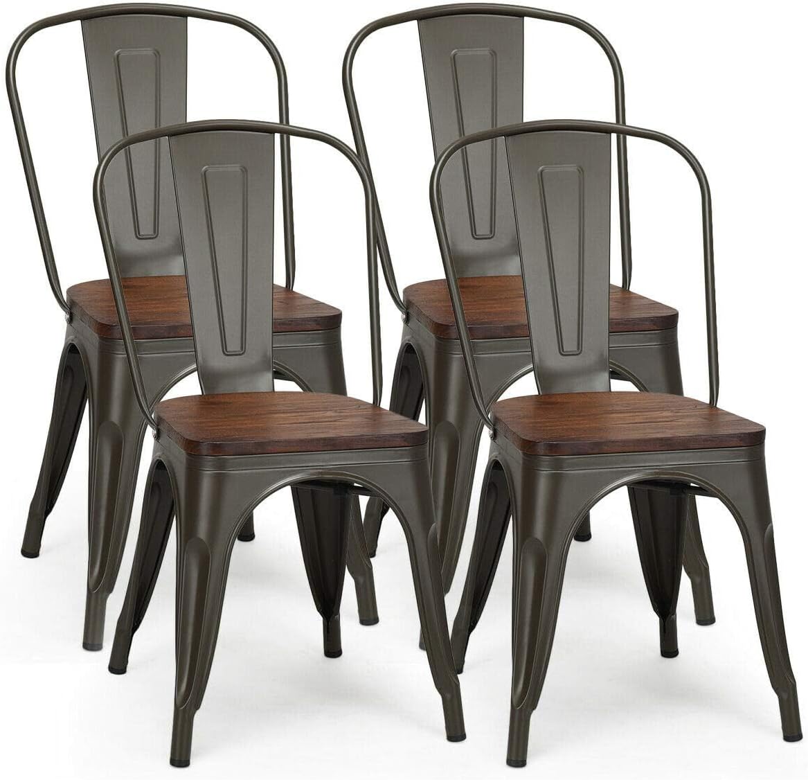 18 Inch Dining Chair Set of 4, Industrial Vintage Stackable Metal Chairs, Counter Bar Chairs with High Backrest, Wood Seat, for Home, Kitchen and Cafe Bar Use