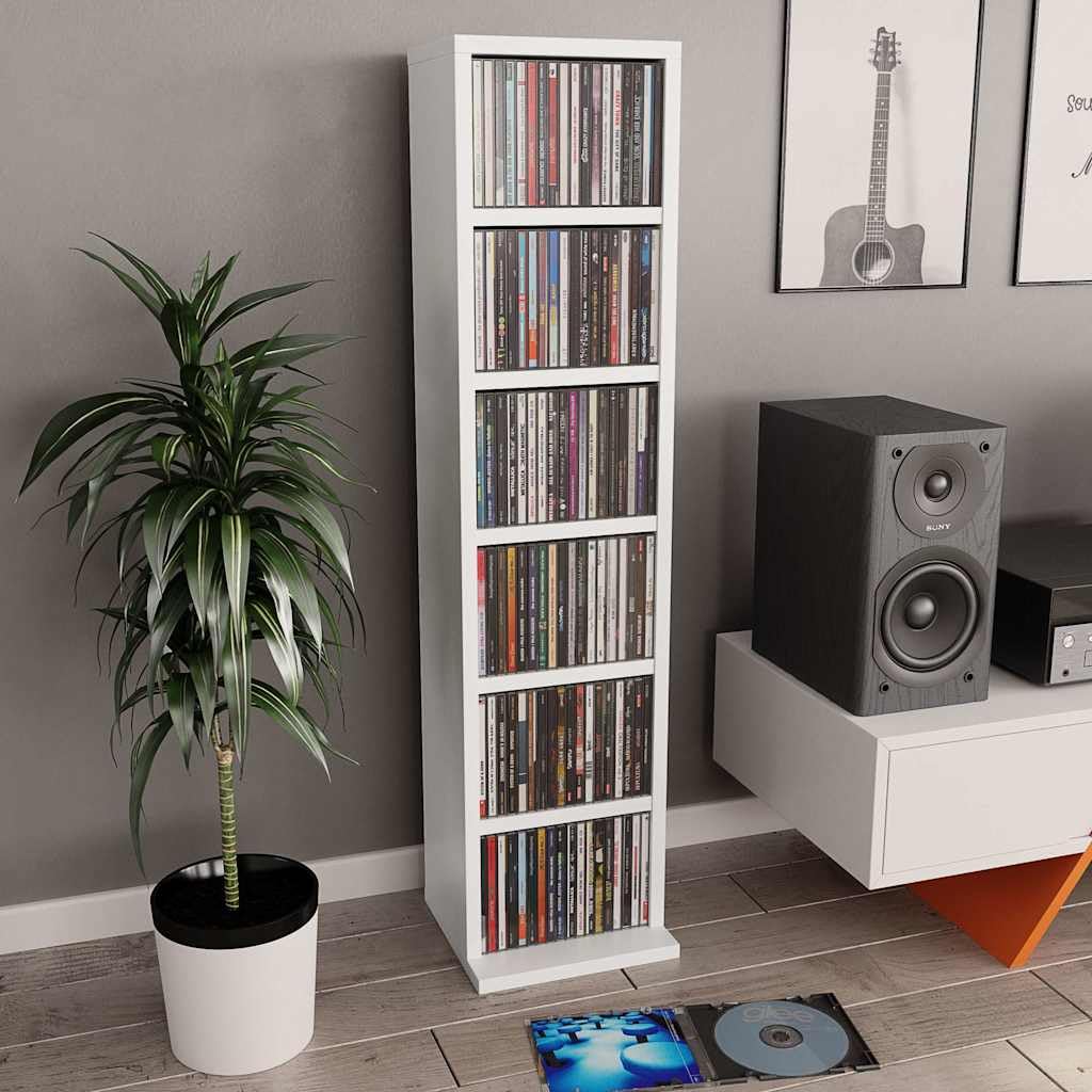 Armadietto per CD, in legno bianco, 21 x 20 x 88 cm, con 6 scomparti aperti per CD, vinile, DVD, Bluray e accessori, scaffale versatile come armadio multimediale, armadio per fono