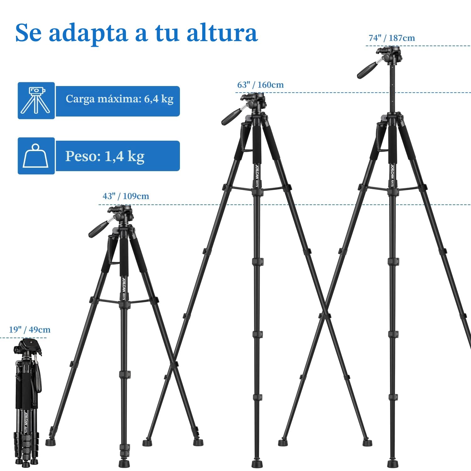 JOILCAN Trípode Cámara, 187cm Tripode para Movil con Soprtre de Teléfono Movil, Tripod de Aluminio con Cabezal Giratorio de 360 Grados, Ligero Trípode para Canon Nikon Sony, Carga hasta 5kg, Negro