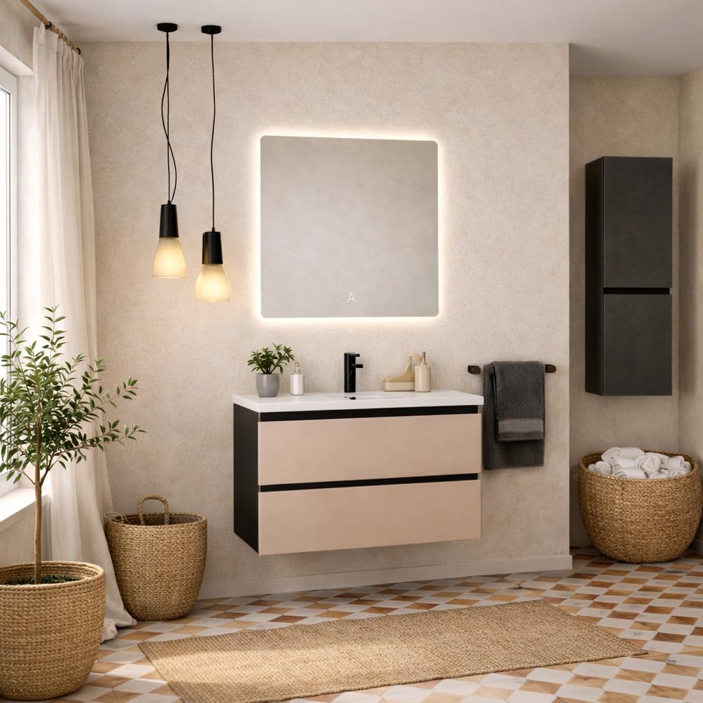 Baikal Mueble de Baño Vita. Mueble MONTADO. Ancho 80cm Visón. Cierre Amortiguado. 2 Cajones Suspendido con Lavabo Ceramico. Armario de Baño.